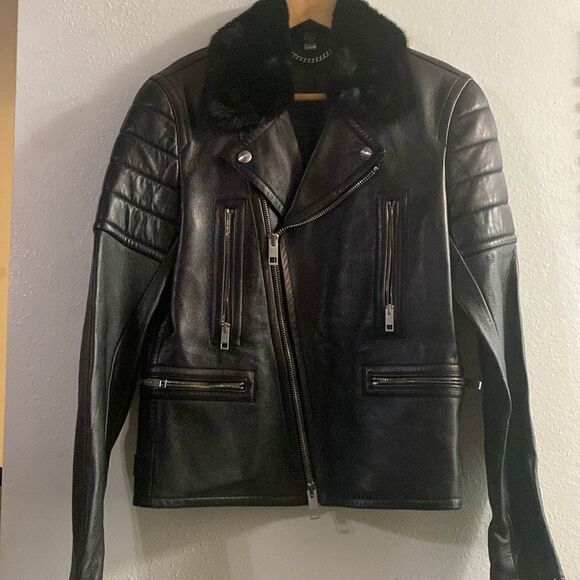Vintage EUC Burberry London Lambskin Black Leather Biker Jacket Mink Top Collar - Picture 3 of 17